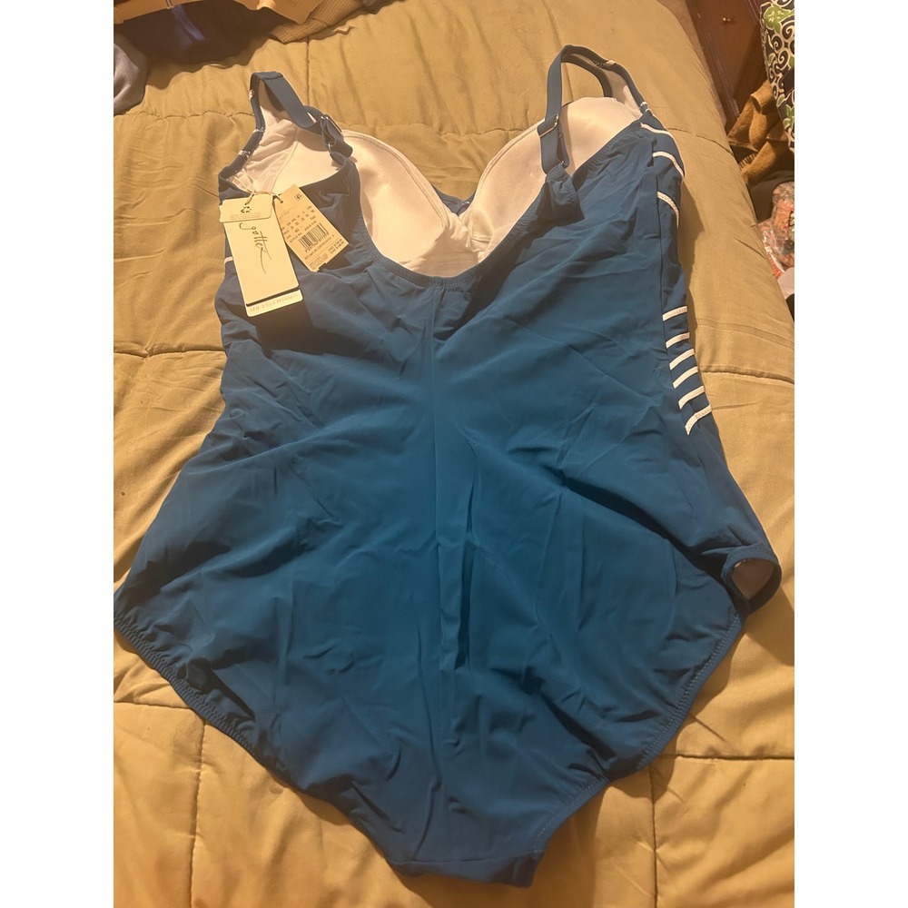 Gottex Essentials Teal Blue Striped Surplice One Piece Swimsuit 20 25EE158 NEW - Picture 2 of 5